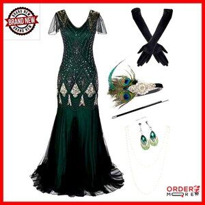 Plus Size 1920s Vintage Sequin Flapper Cocktail Dress with Accessories